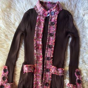 Sharon Young Cable Knit Fringe Trim Cardigan Sweater Jacket